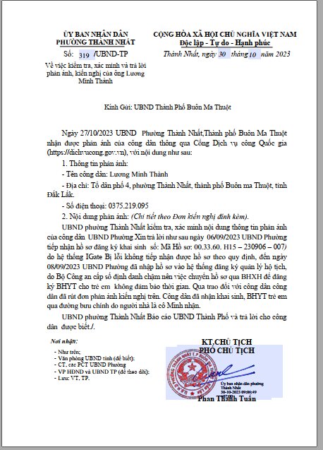 UBND PHƯỜNG THÀNH NHẤT KIỂM TRA, XÁC MINH VÀ TRẢ LỜI PHẢN ÁNH, KIẾN NGHỊ CỦA ÔNG LƯƠNG MINH THÀNH